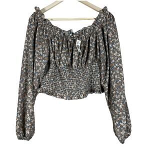 NWT Beyond the Radar Blouse Size L Brown Floral Smocked Long Sleeve Cottagecore